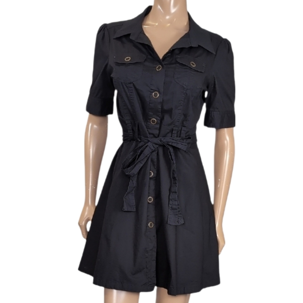 Vintage Smart Set Black Shirt Dress Womens Junior Size 11 Belted Short Sleeve